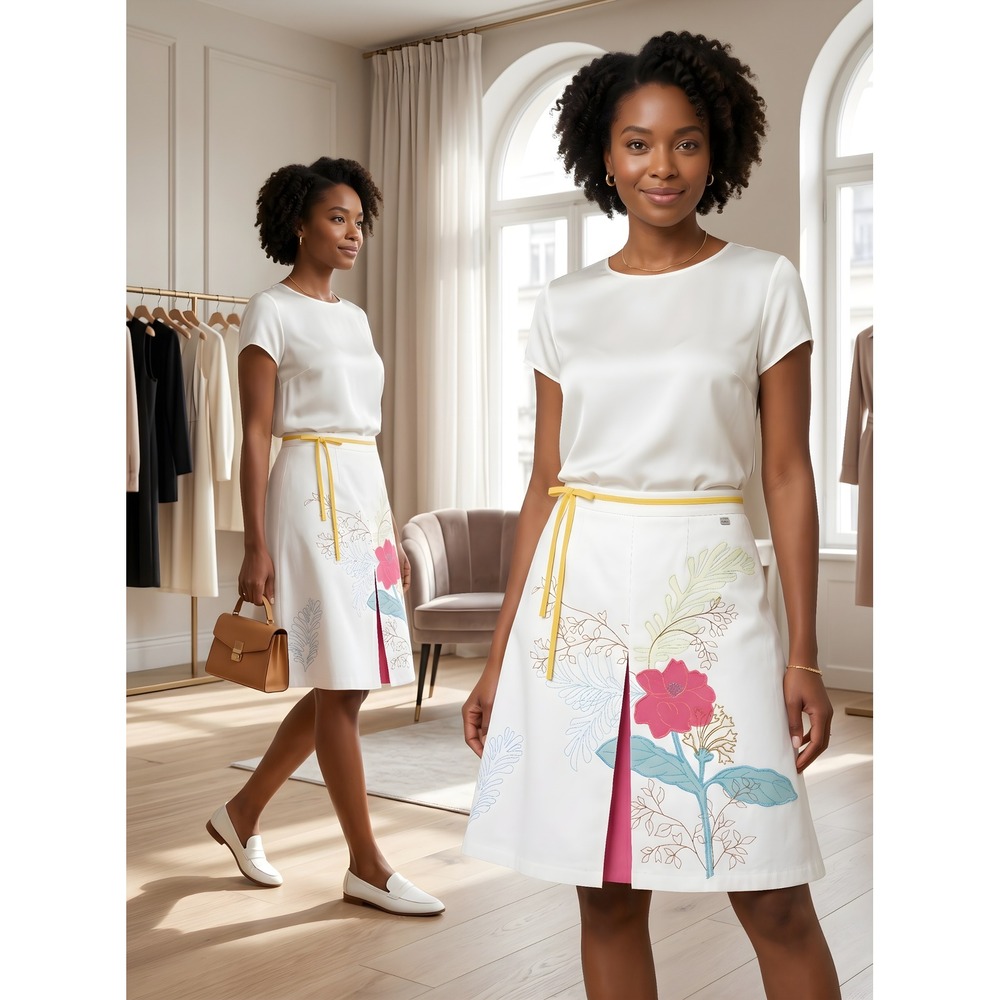 Ted Baker Jean White Cotton Floral Embroidered A-Line Skirt Size 2